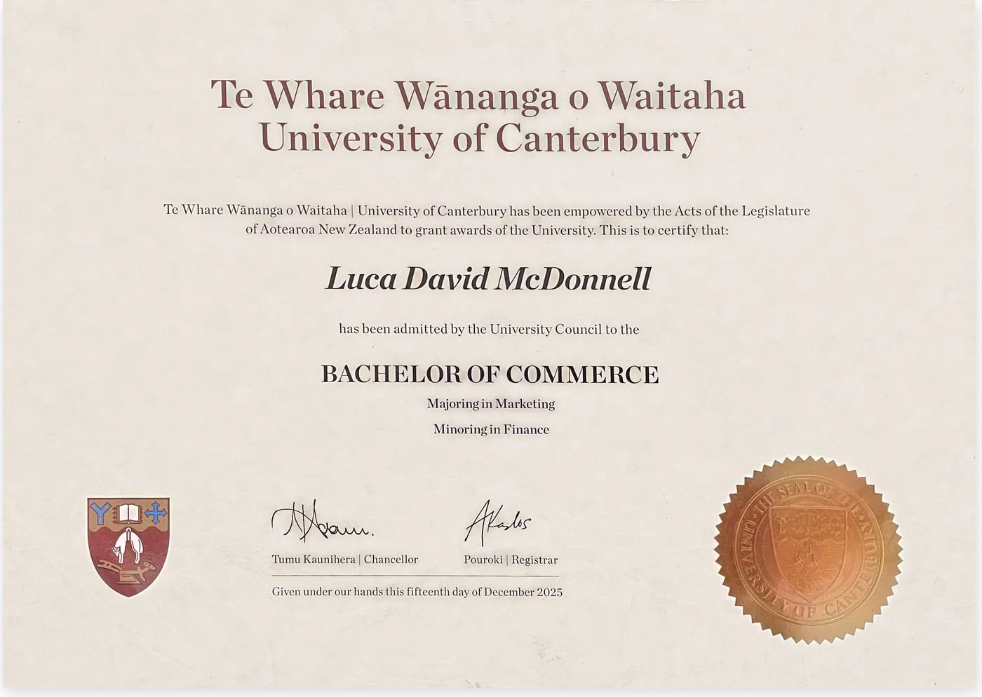 University of Canterbury degree certificate: Luca David McDonnell, Bachelor of Commerce, majoring in Marketing, minoring in Finance, conferred 15 December 2025