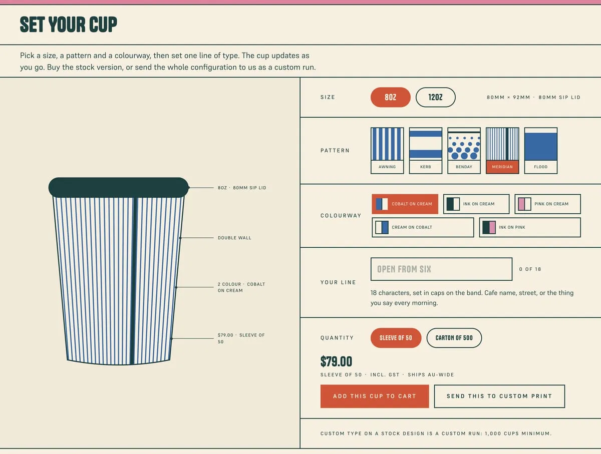 The Build Your Cup configurator: size, pattern and colourway pickers beside a live cup preview