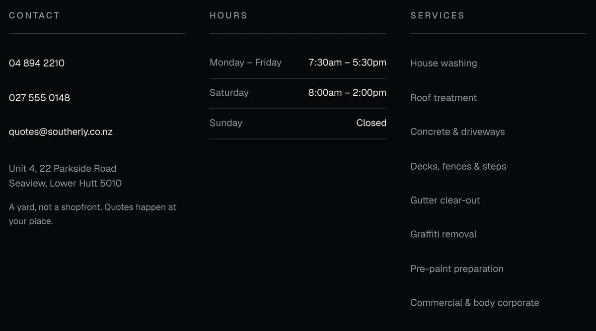 The Southerly footer showing contact details, opening hours and the full service list