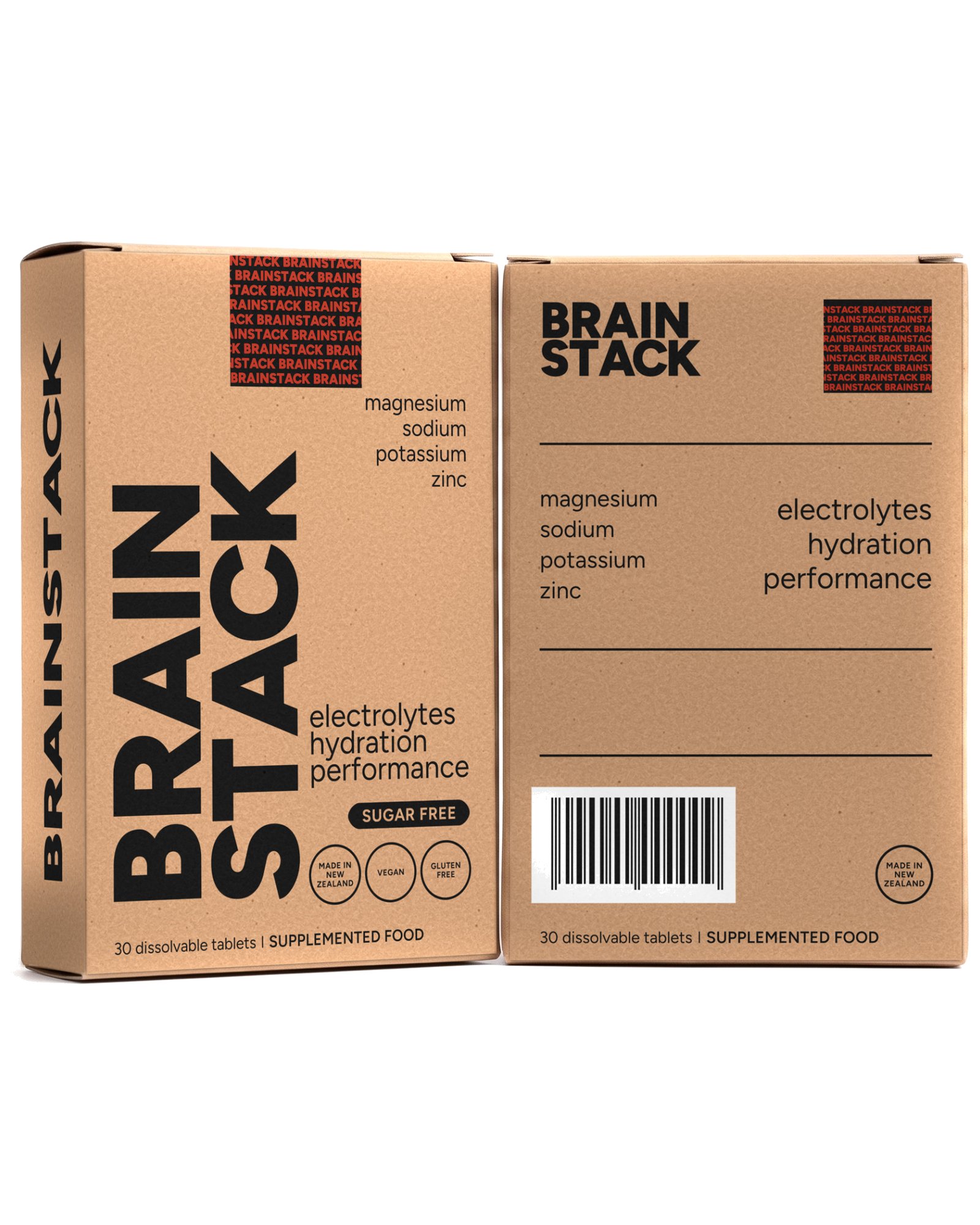 Two Brainstack cartons side by side, one showing the back panel and one the front