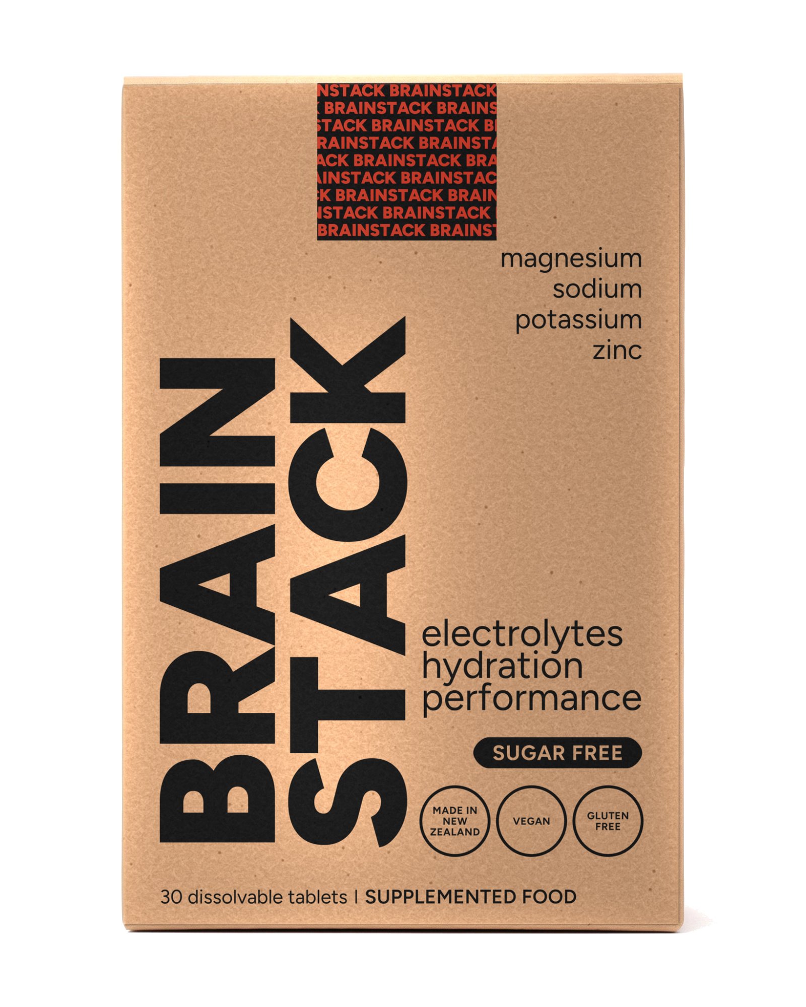 The Brainstack carton straight on, front panel facing camera