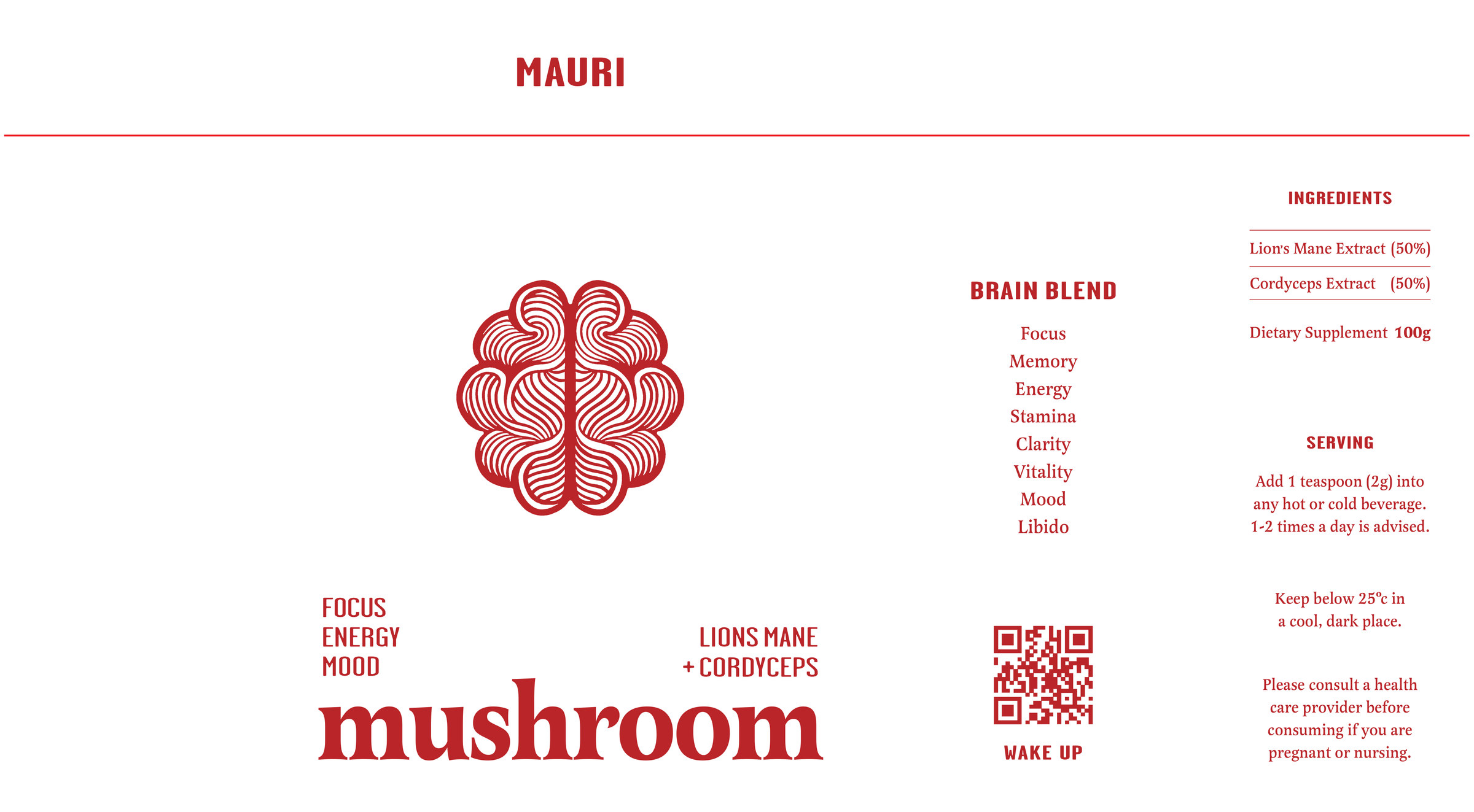 The Mauri label artwork laid out flat: wordmark, brain mark, brain blend list, ingredients and serving panels